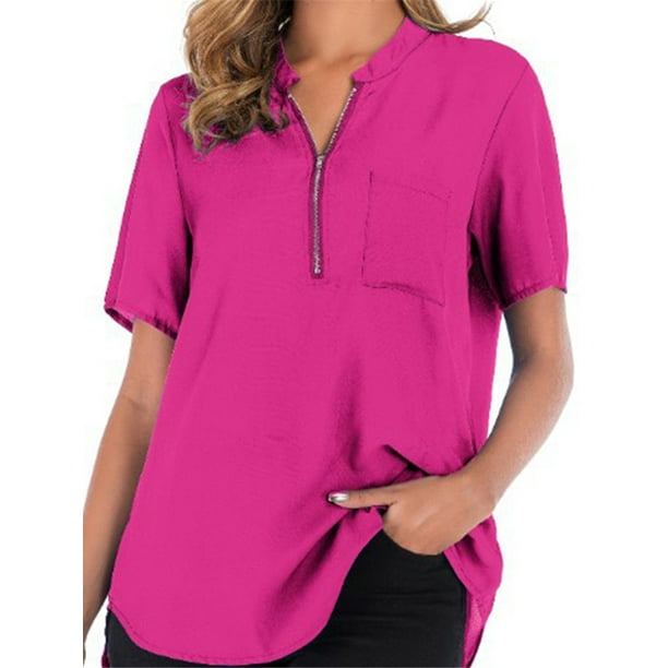Womens Short Sleeve V Neck Zip Up Chiffon Tops Casual Blouse Loose Tunic T Shirt Womens Short Sleeve V Neck Zip Up Chiffon Tops Casual Blouse Loose Tunic T Shirt